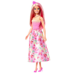 Barbie Royal Doll includes colorful accessories like necklace and heels for dress-up fun.