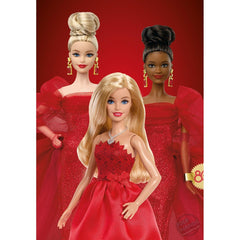 Barbie ruby red dress with bow closeup highlighting festive design
