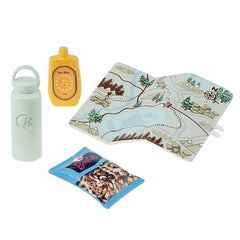 Barbie hiking set includes suntan lotion and snack for outdoor moments.