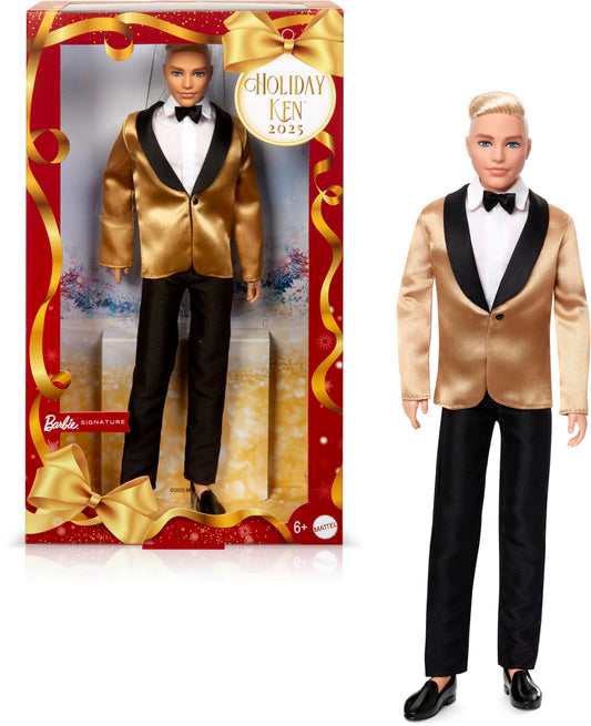 Barbie Signature 2025 Holiday Ken in full suit with golden jacket, ideal for collectors