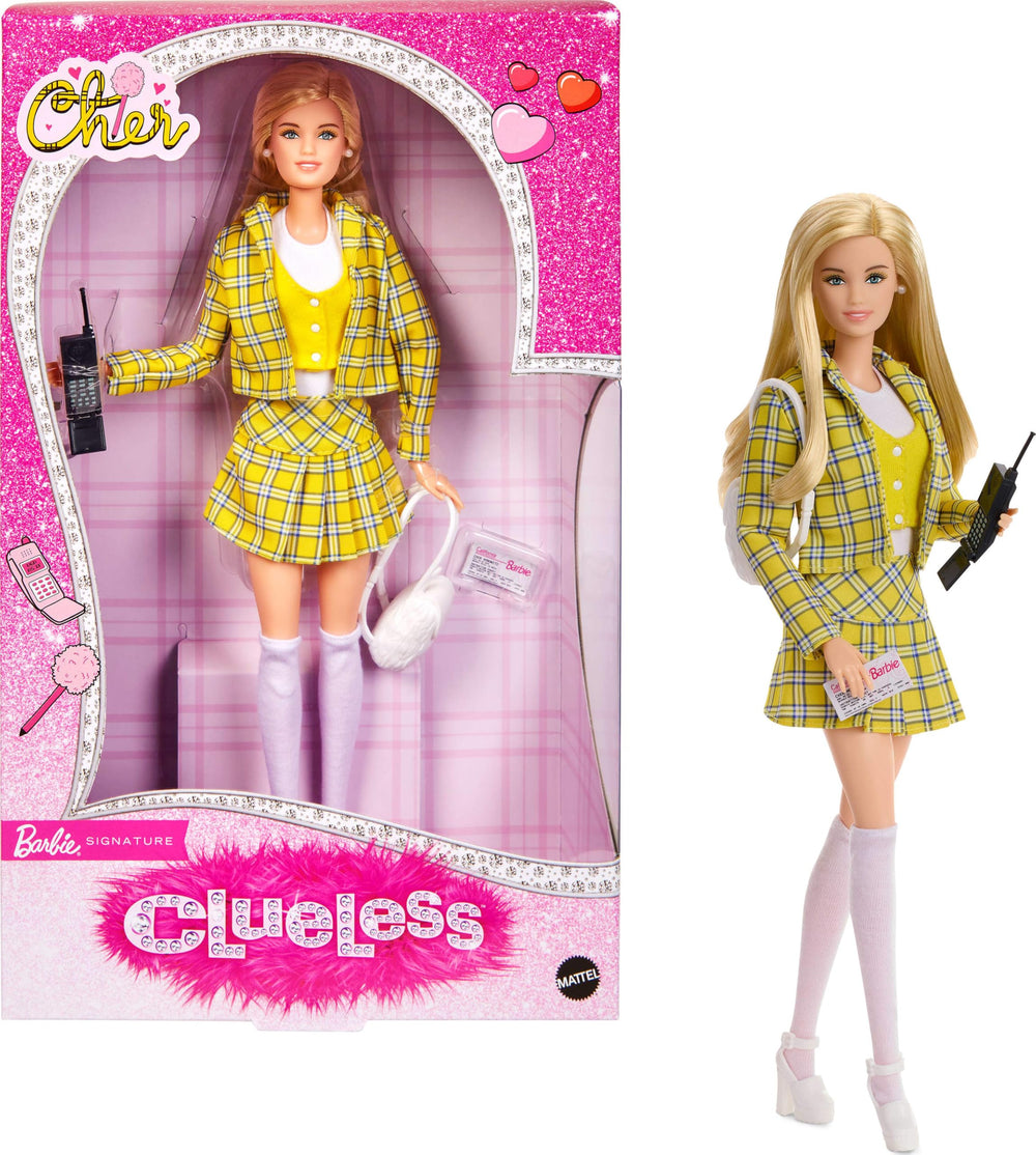 Barbie Signature Cher doll in yellow plaid suit, ideal for display and retro fashion collections.