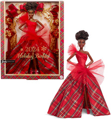 Barbie Signature Doll with brown hair and a one-shoulder red bodice for festive display.