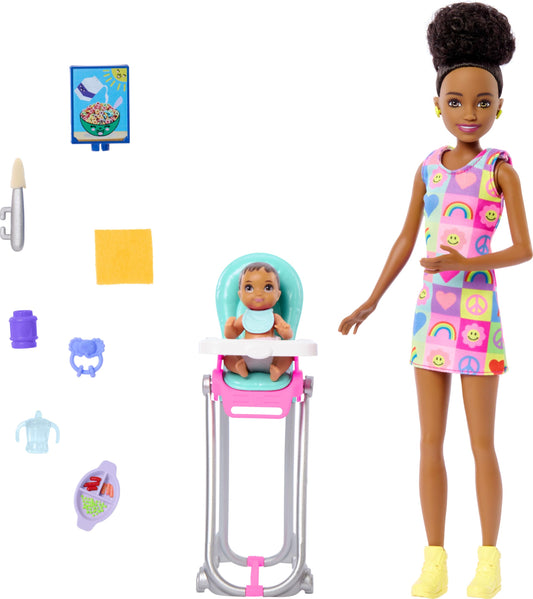 Barbie Skipper doll playset with mealtime accessories for imaginative babysitting.