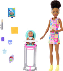 Barbie Skipper doll playset with mealtime accessories for imaginative babysitting.