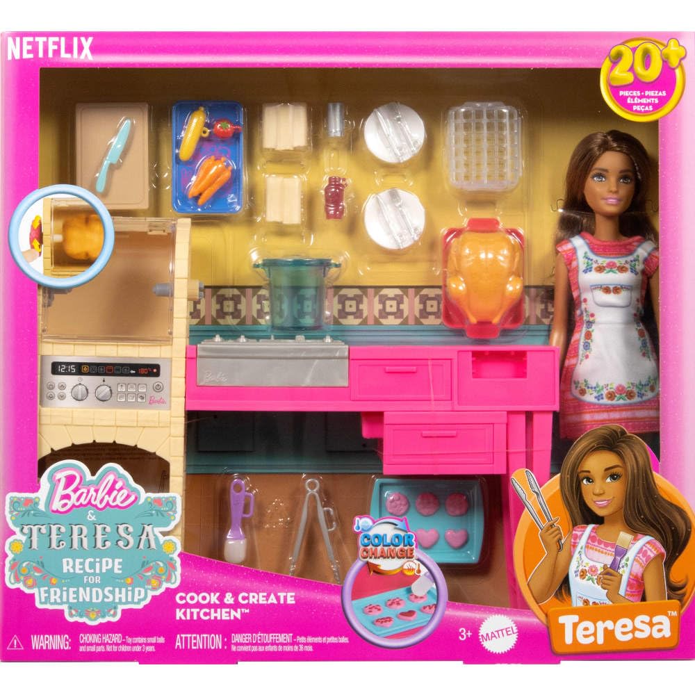 Barbie Teresa kitchen-furniture set keeps accessories organized during play