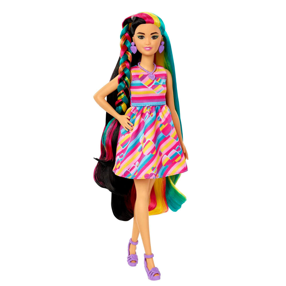 Barbie Totally Hair with half-black and fantasy pink-blue-yellow hair options.