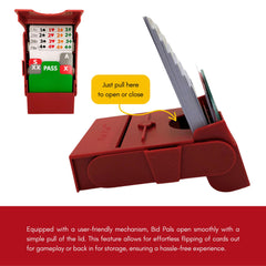 Baron Barclay Bid Pal bidding device, compact-stackable in dark red finish on a bridge table.