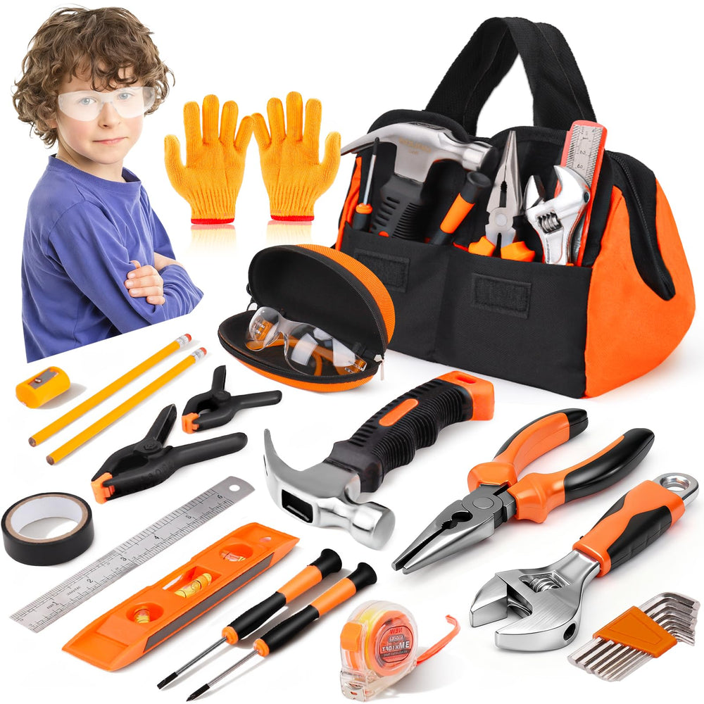 Basytodio 27-piece orange kids tool set with hammer helps young builders learn by doing.