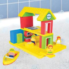 BathBlocks family, boat and furnishings assembled for bath time play.
