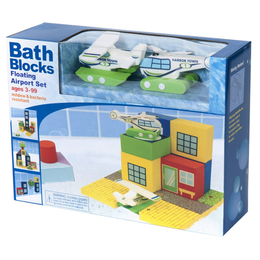 BathBlocks Floating Airport Set creates buoyant airport scenes in the tub for imaginative water play.