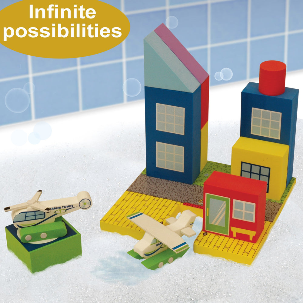BathBlocks suds-friendly blocks cling with soap for stable bath-time building.