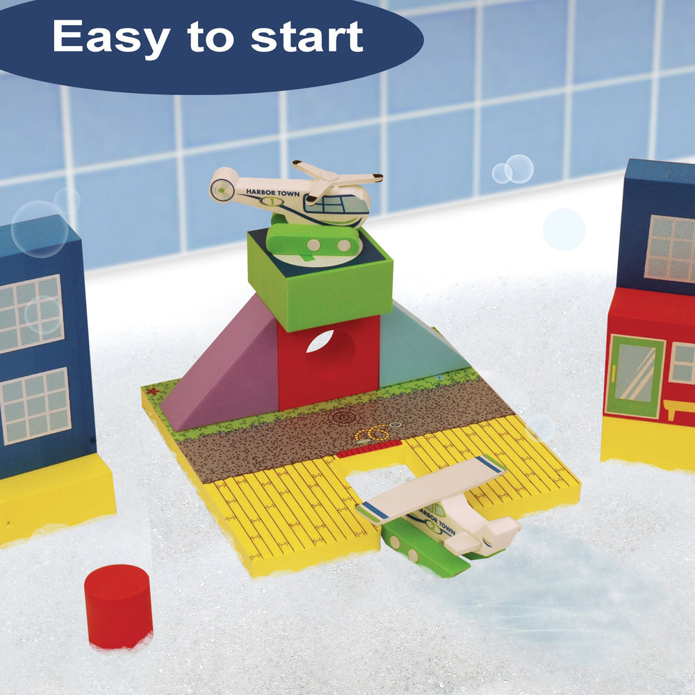 BathBlocks bridge pieces promote balance and structural planning during bath-time builds.