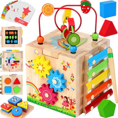Batlofty 8-in-1 wooden activity cube front view highlights safe, engaging early learning.