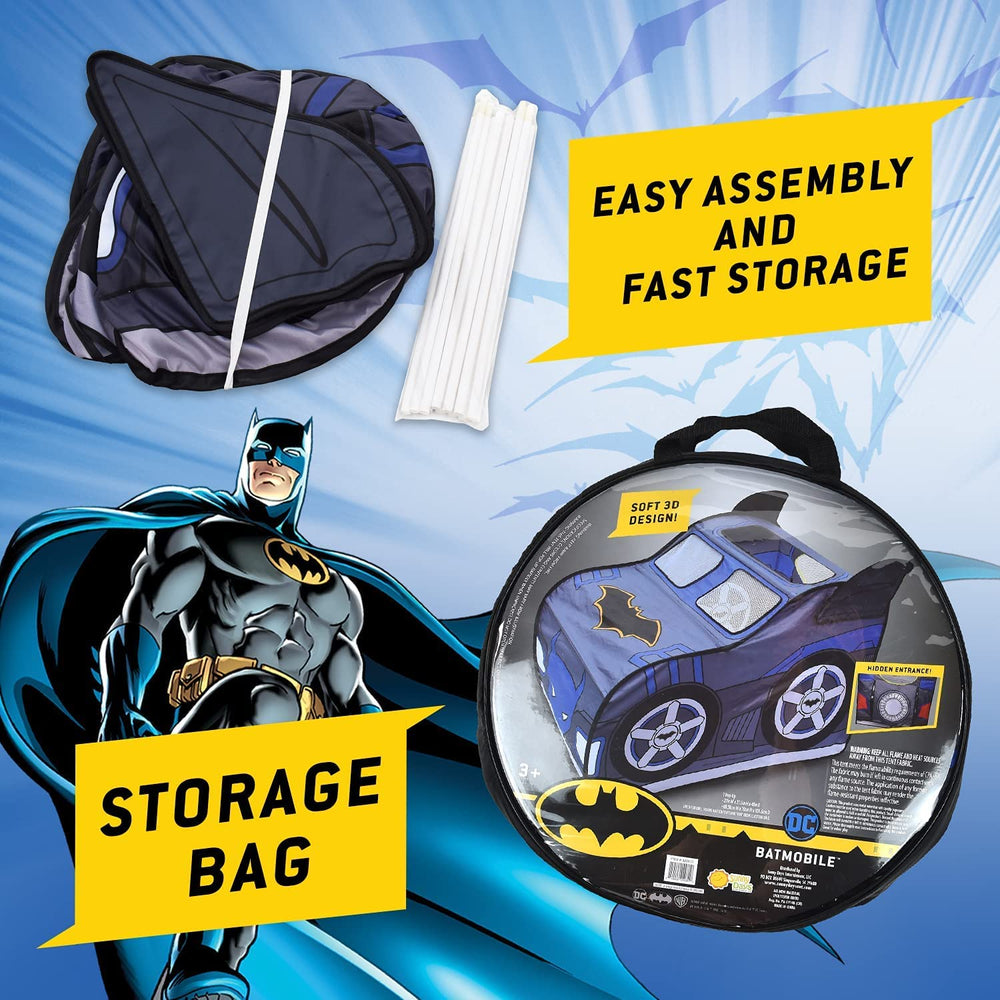 Folded Batman Batmobile Pop-Up Tent with carrying bag for storage.