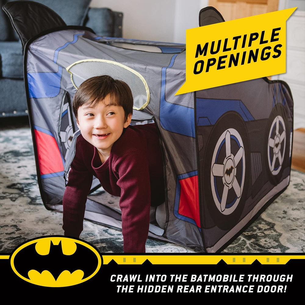 Batmobile Pop-Up Tent poles inserted for sturdy playhouse structure.