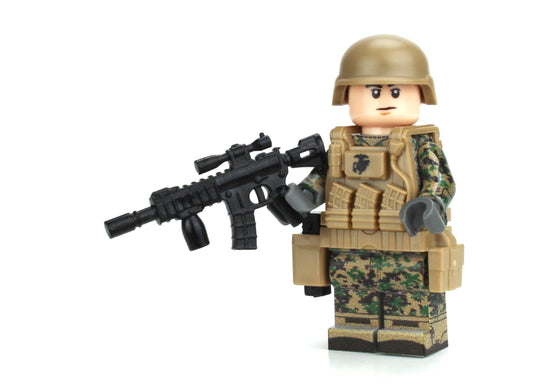 Battle Brick Marine Corps Infantry Woldnad MARPAT figure front view with full camo pattern.
