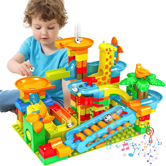 BATTOP Marble Run 167-piece set shown with colorful blocks for imaginative construction.