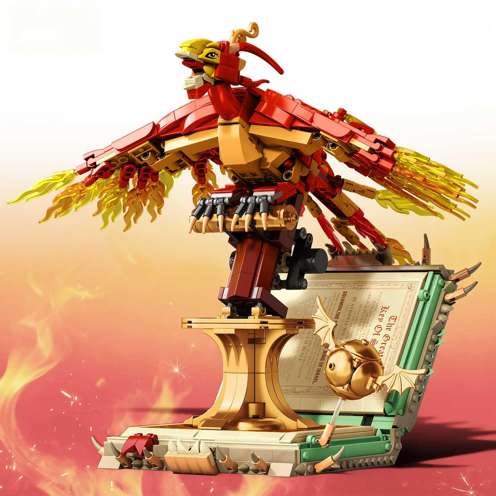 BBEUU Moc Fire Phoenix on a glowing book base, a striking desk centerpiece.