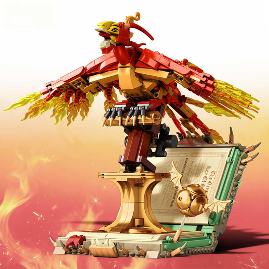 BBEUU Moc Fire Phoenix on a glowing book base, a striking desk centerpiece.