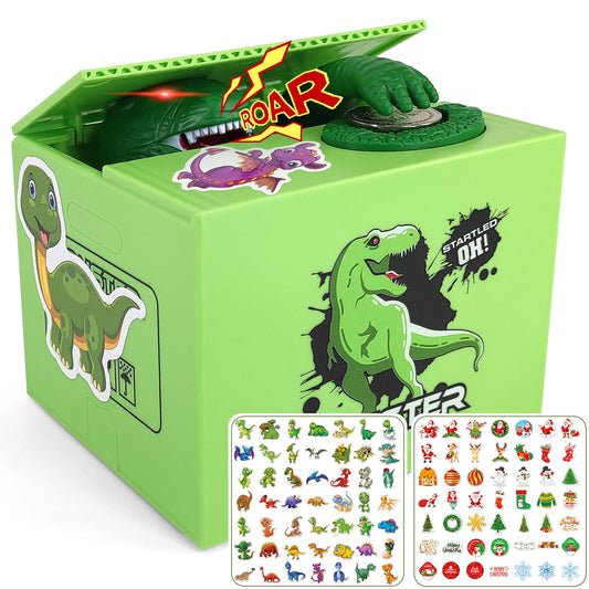 BBGISHO dinosaur piggy bank in action stealing coins with playful dinosaur sound