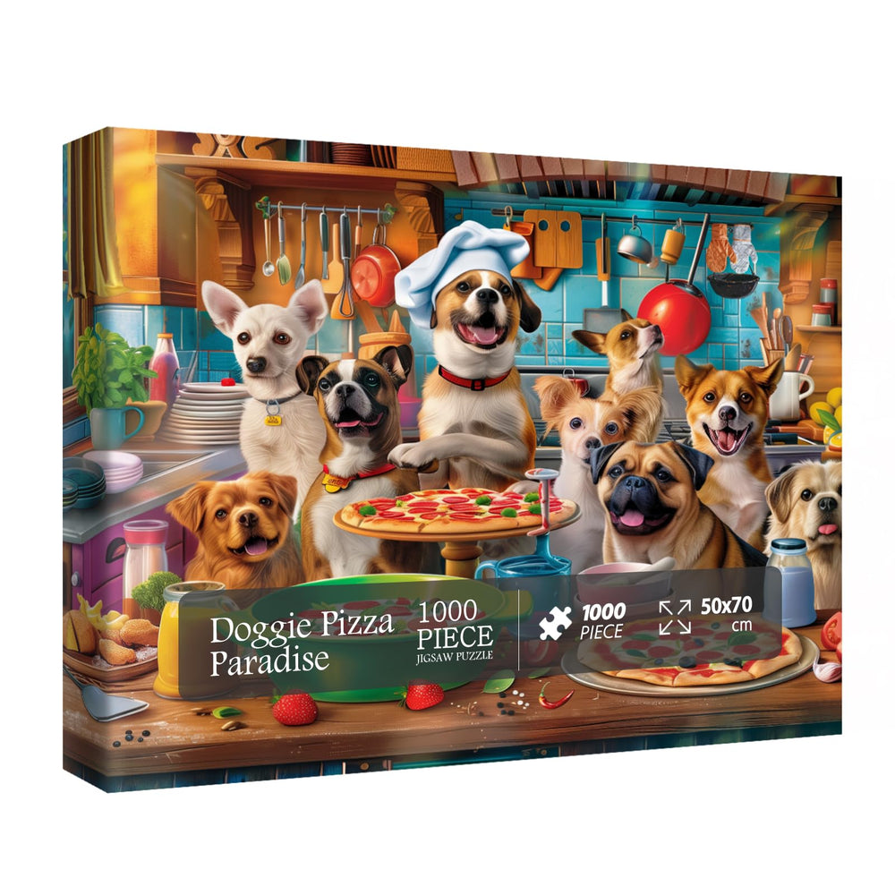 BBOLDIN Dog Puppy Pizza Puzzle box shows a lively kitchen scene for family-friendly fun.