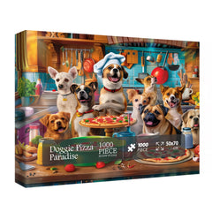 BBOLDIN Dog Puppy Pizza Puzzle box shows a lively kitchen scene for family-friendly fun.
