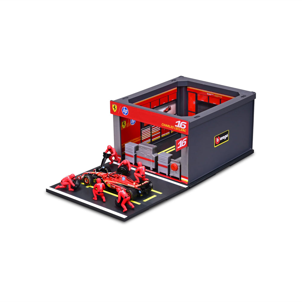 Bburago SF-24 6-piece pit crew adds dynamic display value.