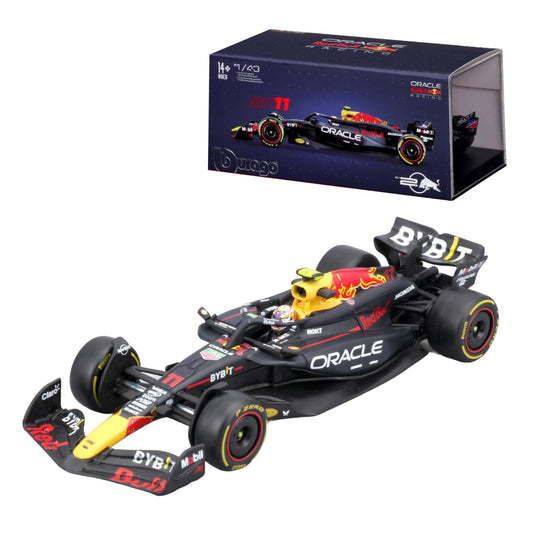 Bburago Oracle Red Bull RB20 1:43 helmeted Perez figure for display and collection.