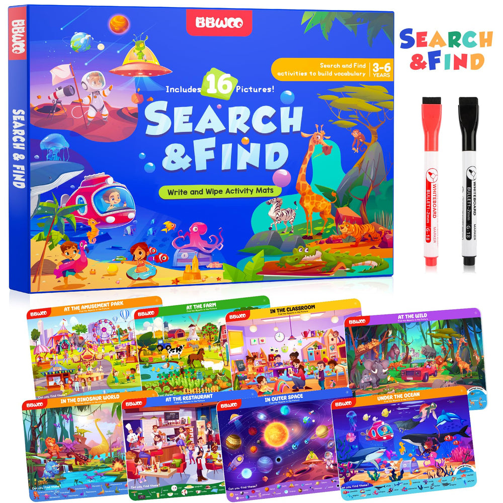 BBWOO search and find activity mats for kids on the go, a screen-free travel companion.