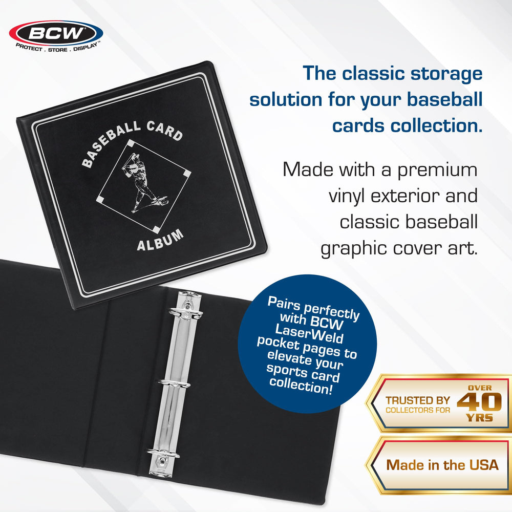BCW baseball album features a heavy-duty D-ring for smooth page turning.