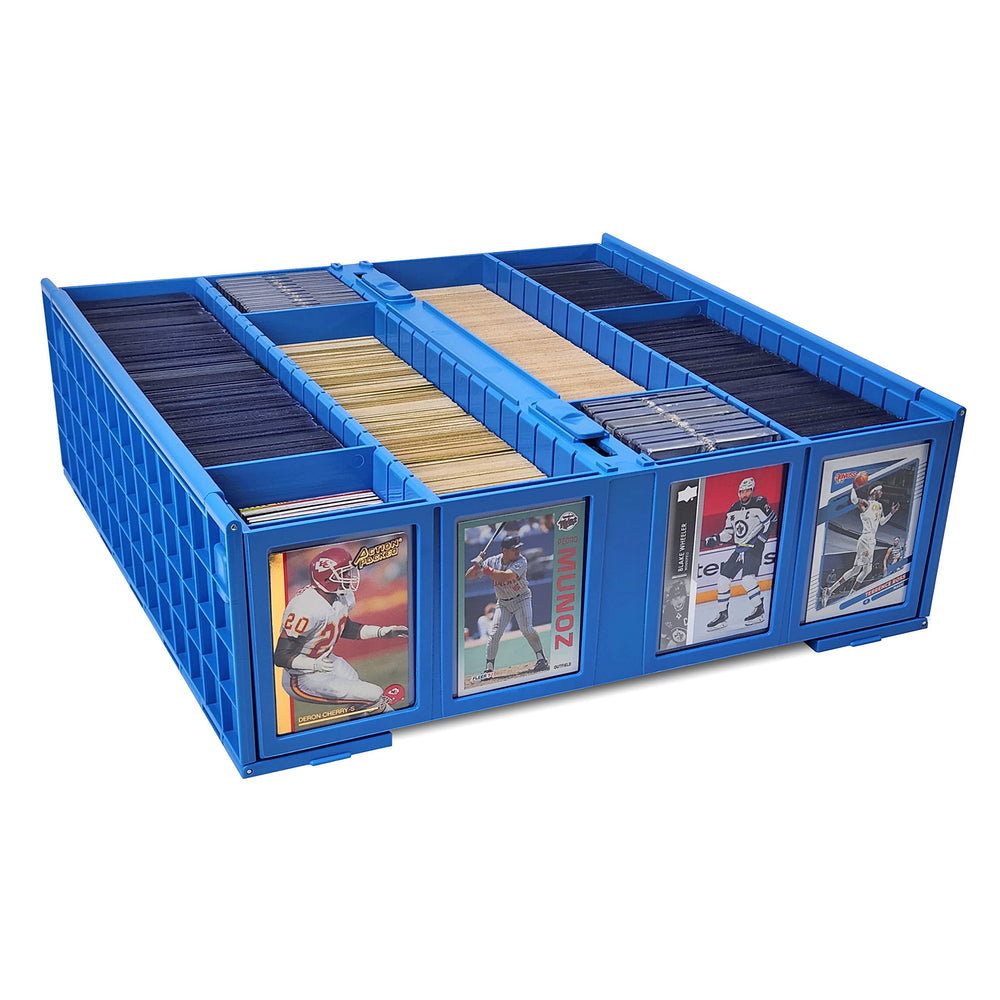 BCW blue collectible card bin front view for secure, accessible storage.