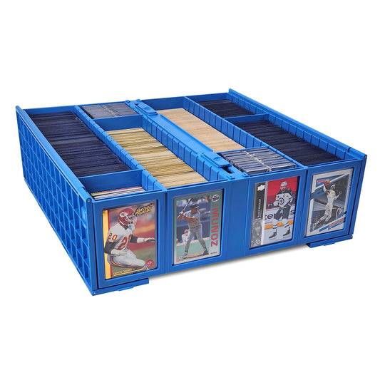BCW blue collectible card bin front view for secure, accessible storage.