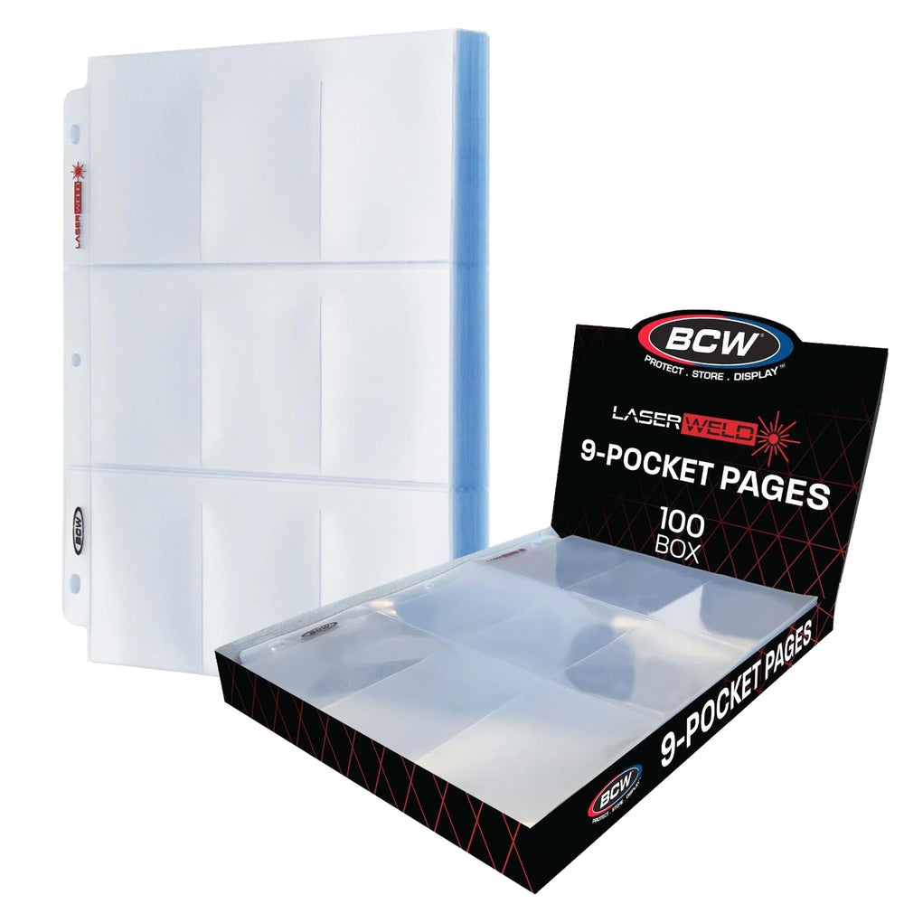 BCW LaserWeld 9-Pocket Pages flat lay front display, neat card organization.