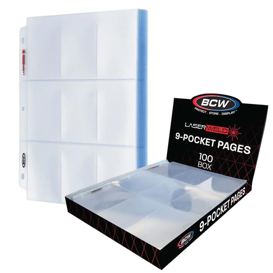 BCW LaserWeld 9-Pocket Pages flat lay front display, neat card organization.