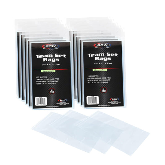 BCW resealable team set bags with 1000-count pack protect trading cards during storage.