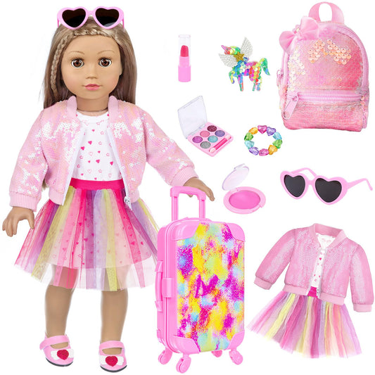BDDOLL American 18-inch doll suitcase with accessories for organized travel pretend play.