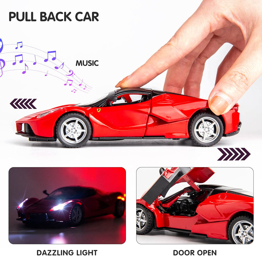 BDTCTK 1:32 Farrari pullback car doors open feature highlights interactive play.