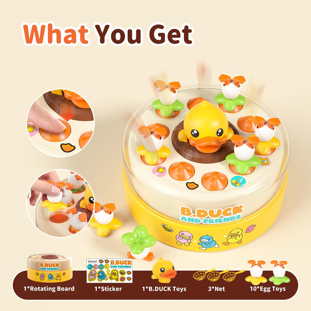 B.Duck Catch and Bounce egg toys spin out for quick reactions.