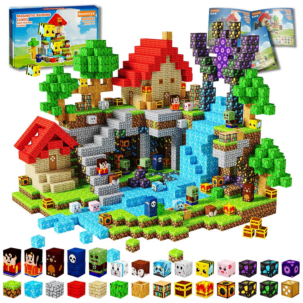 Beamryx magnetic blocks forest scene with houses for imaginative play and hand-eye coordination.