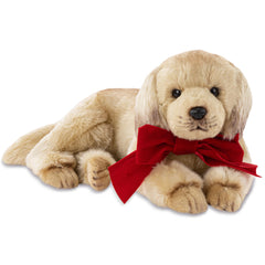 Bearington Baxter 13-inch golden retriever plush with red bow for cuddling and comfort.