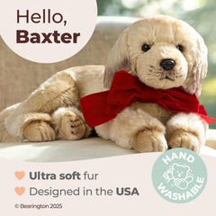 Close-up of Bearington Baxter showing soft faux fur and friendly eyes for hug-ready moments.