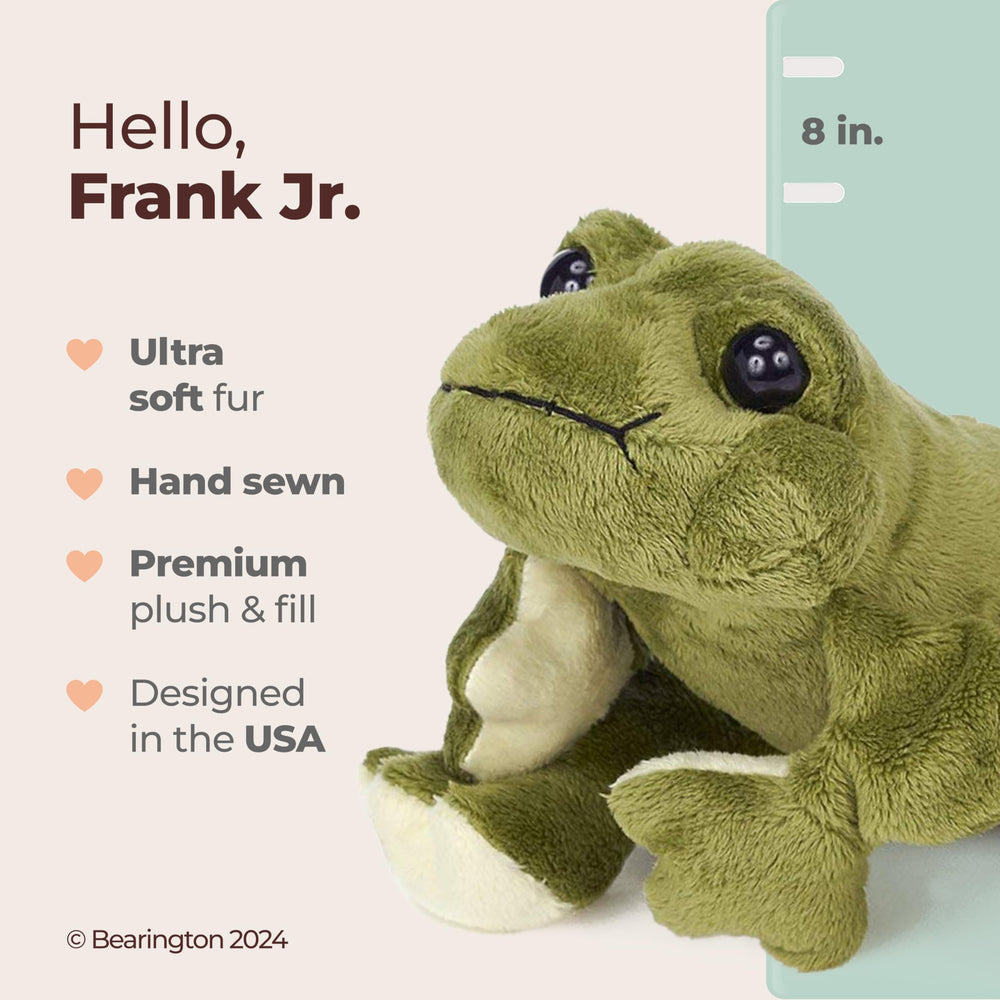 Bearington Collection Frank Jr. frog plush — soft fur plush for cuddling during bedtime stories.