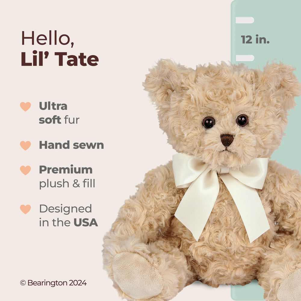 Bearington Lil' Tate teddy bear side hug demonstrating comforting cuddle during bedtime.