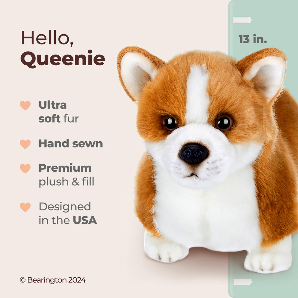 Bearington Queenie Corgi plush with sparkling eyes for lifelike imaginative play.