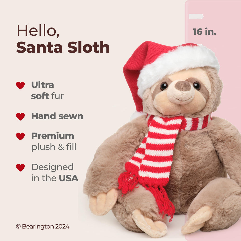 Bearington Santa Sloth plush close-up shows ultra-soft fur for comforting hugs.