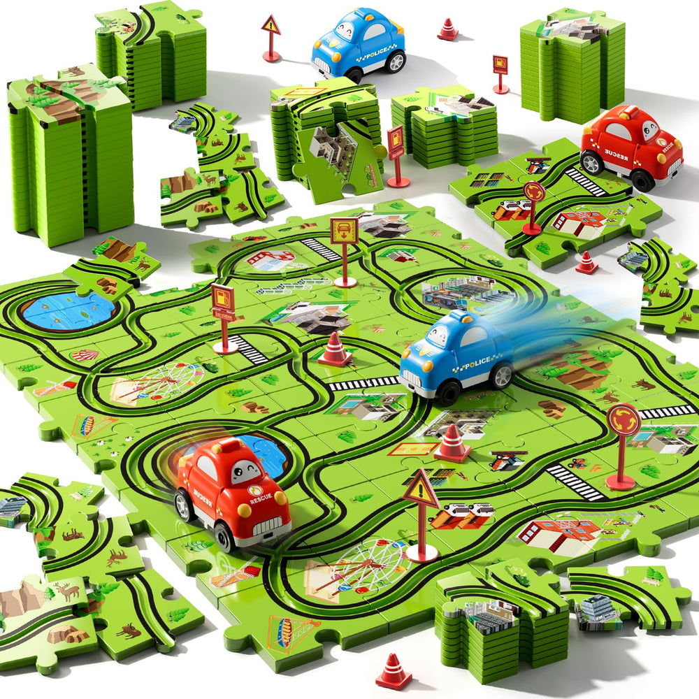 Beby Buty two cars glide along grooved tracks for easy play.