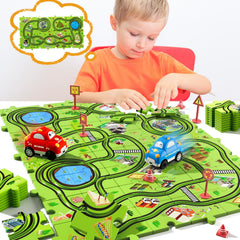 Beby Buty floor puzzle race track laid on the rug for family playtime.