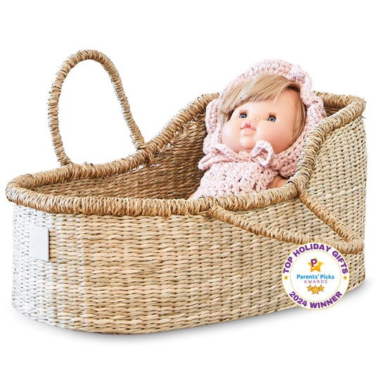 BEBE BASK dolly basket in seagrass offers stylish storage for dolls.