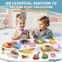 Beberolen wooden play dishes set on a bright color palette