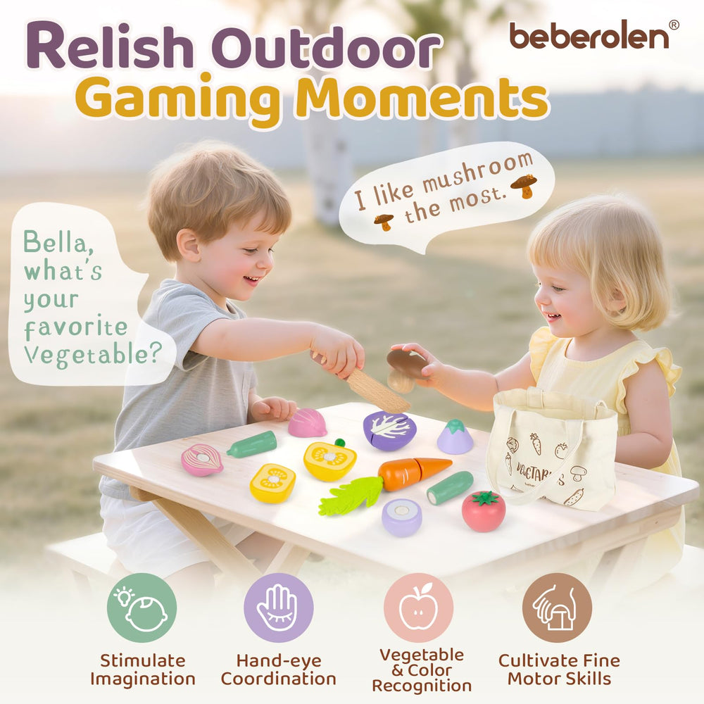 Beberolen wooden eggplant play food for imaginative banquets, fosters wooden knife skills and role play.